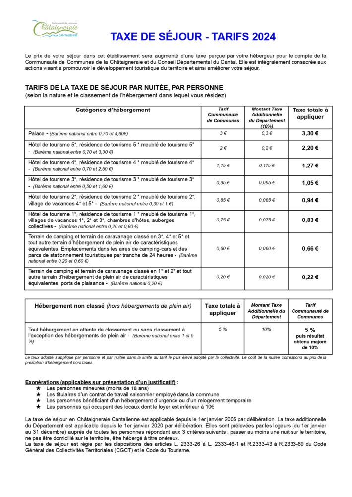 2024 Grille de Tarifs Taxe de Séjour page 0001 Châtaigneraie
